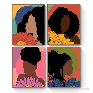 Colorful Black Woman Print set of 4, Afrocentric, African American Gallery Wall, Melanin Wall Decor, Black Girl Magic, Black Art Painting