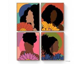 Colorful Black Woman Print set of 4, Afrocentric, African American Gallery Wall, Melanin Wall Decor, Black Girl Magic, Black Art Painting