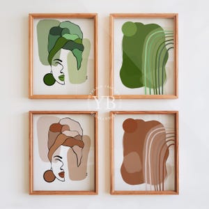 four framed abstract artworks with various geometric shapes and patterns in different colors, including green, brown, and beige tones.