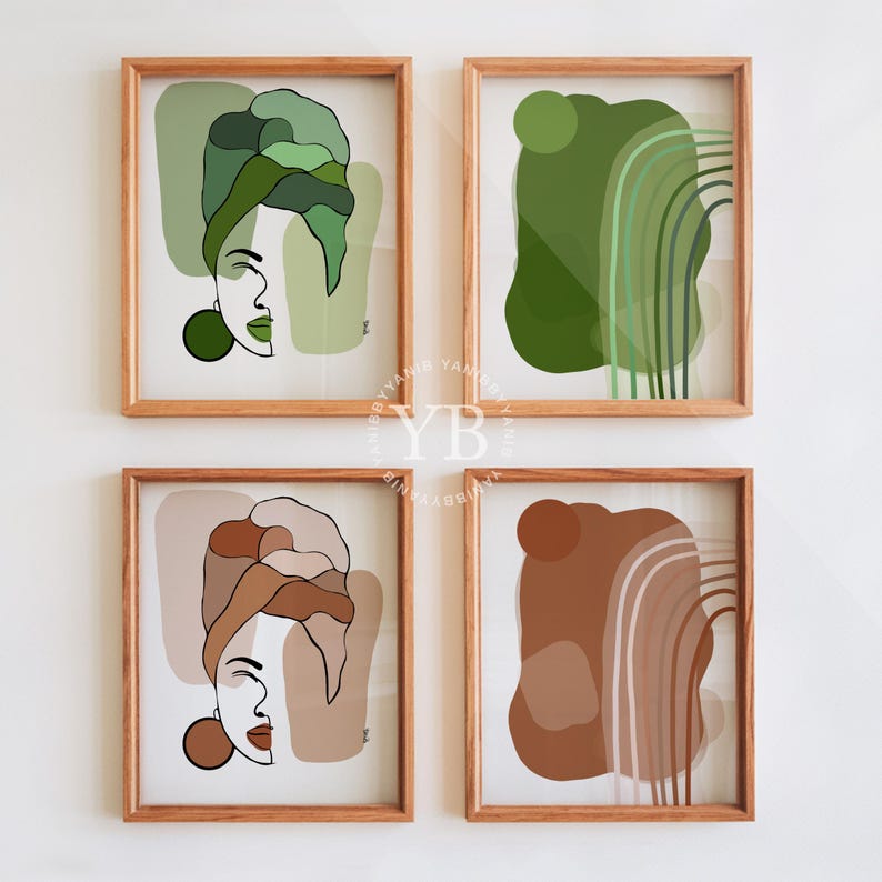 four framed abstract artworks with various geometric shapes and patterns in different colors, including green, brown, and beige tones.
