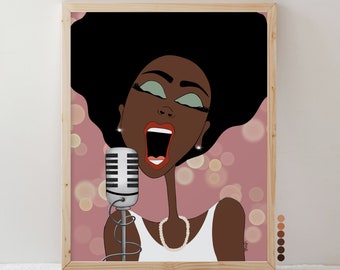African American Wall Art Print, Retro Jazz Music Decor, Custom Music Lover Gift, Woman Singing Living Room Painting, Black Art Home Decor