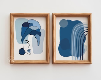 Blue Modern Black Art Print Set of 2, Minimalist Face Portrait Statement Decor
