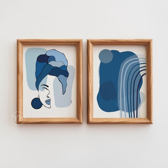Blue Modern Black Art Print Set of 2, Minimalist Face Portrait Statement Decor