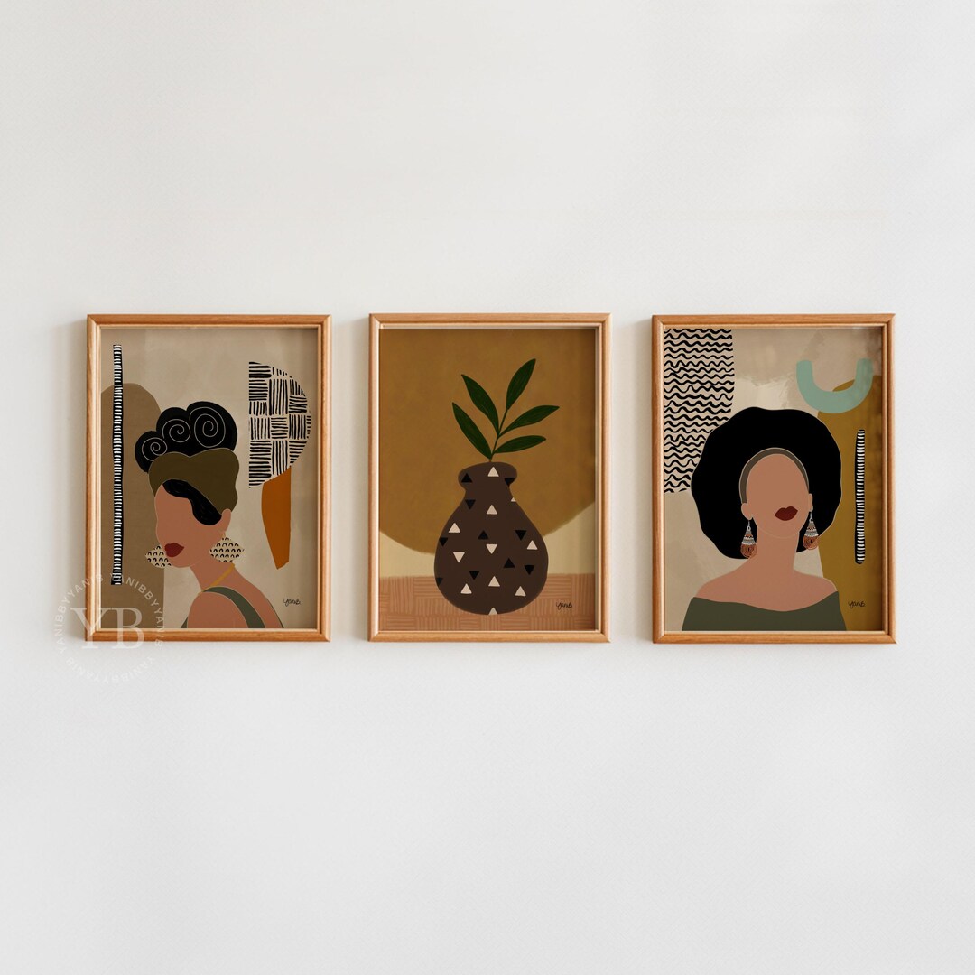 Black Woman Gallery Wall Art Set of 3, Abstract Portrait Prints, Mid ...