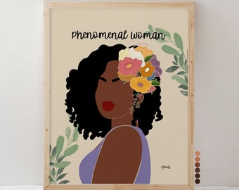 Phenomenal Woman Art Print, Black Woman Inspirational Quote Wall Decor, African American Portrait Painting, Personalized Wife or Mom Gift