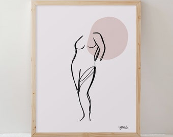 Minimalistic Female Line Drawing Giclée Print, Light Pink Wall Art for Bedroom or Bathroom, Woman Wall Decor, 5x7 8x10 11x14