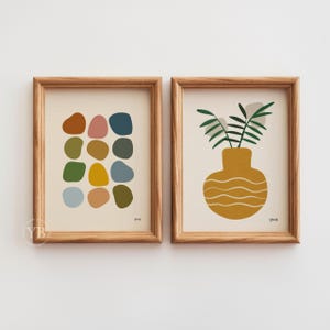 Abstract Wall Art Set of 2, Mid Century Modern Prints, Colorful Shapes Vase Art Decor