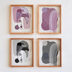 four framed abstract artworks with various geometric shapes and patterns in different colors, including shades of pink, purple, gray, and black.
