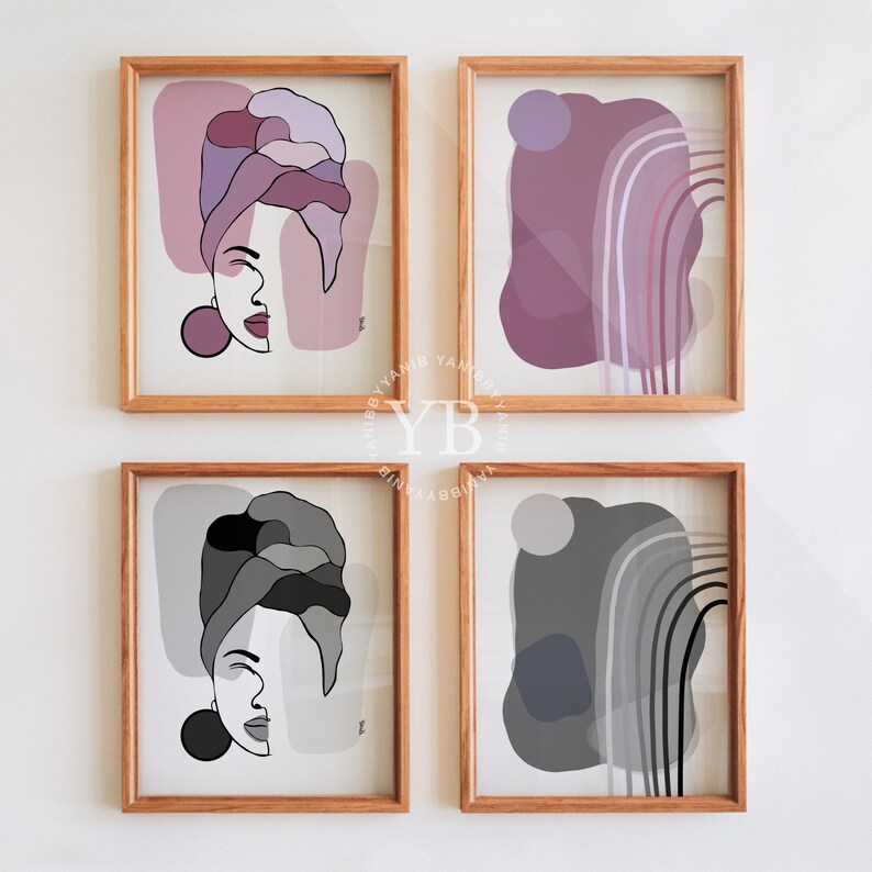 four framed abstract artworks with various geometric shapes and patterns in different colors, including shades of pink, purple, gray, and black.