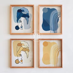 four framed abstract artworks with various geometric shapes and patterns in different colors, including blue, yellow, and orange.