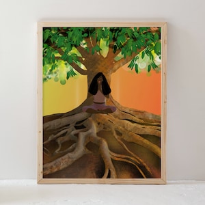 Spiritual Black Art Print, African American Meditation Wall Decor, Black Woman Under Wisdom Tree, Modern Black Culture Art, Faith Art