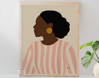 Black Woman Wall Art Print, Pink Abstract Portrait, Feminine Modern Home Decor