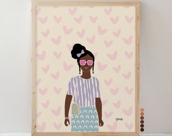 Girls Bedroom Wall Decor, Little Black Girl Art Print, Kids Playroom, Hearts, African American, Self-Love, Personalized Gift, Pink Purple