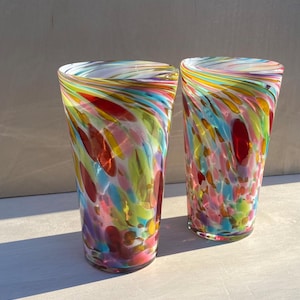 Hand Blown Rainbow Pint Glass - Crushed Glass Design