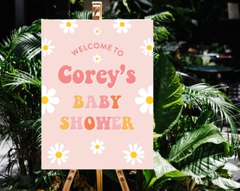 Digital Download Groovy Baby Shower Welcome Sign, Girl Baby Easel Poster, Pink Floral, It's a Girl, 1970s, Retro, One Groovy Babe