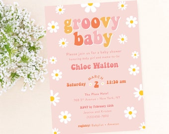 Digital Download Groovy Baby Shower Invitations, Girl Baby Shower Invitations, Pink Floral, It's a Girl, 1970s, Retro, One Groovy Babe