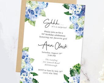 Printed Surprise Party Invitations, 70th Birthday Party, Hydrangea, Floral Party Invitation, 60th, 50th, 40th Celebration, Garden Party