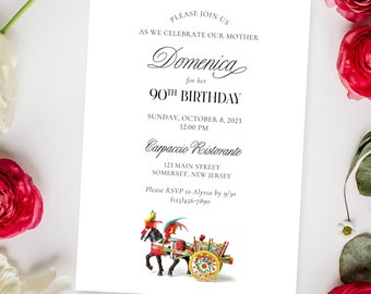 Printed Sicilian Birthday Party Invitations, 90th Birthday Party, Italian, Sicilia, 80th Celebration, Sicilian Cart, Sicilian Wheel, Italy