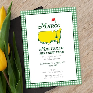 May include: A green and white checkered invitation card with a golf-themed design. The card says "Marco Mastered His First Year" and includes details for a birthday party. The party is on Saturday, April 6th at 1:30 PM at Topgolf, 1013 US-1, Edison, NJ. RSVP by March 20th to Alyssa at (123) 456-7890.