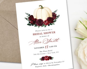 May include: A white pumpkin with a burgundy floral arrangement, a bridal shower invitation for Alice Smith, November 17th at 6:00 PM at The Plaza Hotel, 768 5th Avenue, New York, NY. RSVP to Alyssa by November 5th. Registry: Zola, Bloomingdales.