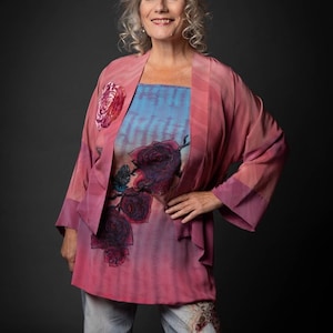 Silk painted blouse,pure mulberry crepe de chine silk,hand painted,red mauve roses design,bespoke garment,ombre colours.