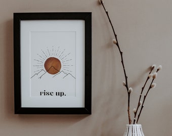 Sunrise 'Rise Up' Inspirational Quote - Hand Drawn Illustration with Watercolour Wash, Wall Art Print A4 / A5