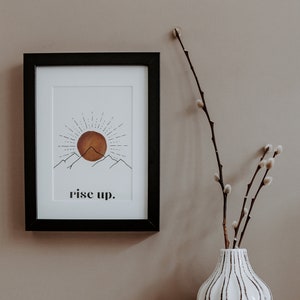 Sunrise 'Rise Up' Inspirational Quote Hand Drawn Illustration with Watercolour Wash, Wall Art Print A4 / A5 image 1