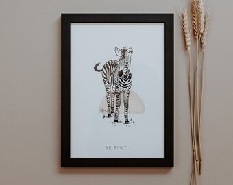 Zebra 'Be Bold' - Hand Drawn Baby Animal Safari Illustration with Watercolour Wash, Wall Art Print A4 / A5