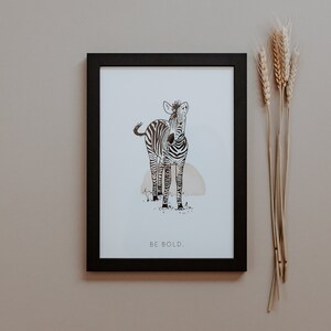 Zebra 'Be Bold' Hand Drawn Baby Animal Safari Illustration with Watercolour Wash, Wall Art Print A4 / A5 image 1