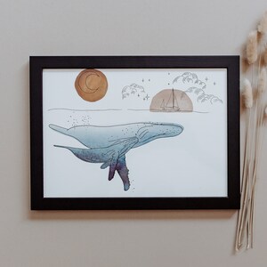 Mother & Baby Calf Whale in Night Ocean Hand Drawn Illustration with Watercolour Wash, Wall Art Print A4 image 1
