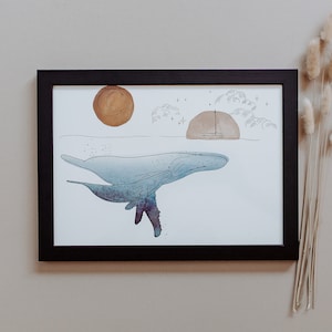 Mother & Baby Calf Whale in Night Ocean - Hand Drawn Illustration with Watercolour Wash, Wall Art Print A4
