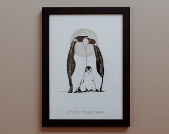 Penguins - 'Stick Together' - Hand Drawn Baby Animal Safari Illustration with Watercolour Wash, Wall Art Print A4 / A5