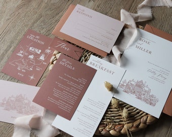 Marlie Luxury Wedding Invitation Suite, with Venue Sketch, SAMPLE - Simple / Clean / Modern / Rust / Blush Pink