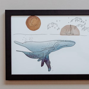 Mother & Baby Calf Whale in Night Ocean Hand Drawn Illustration with Watercolour Wash, Wall Art Print A4 image 2