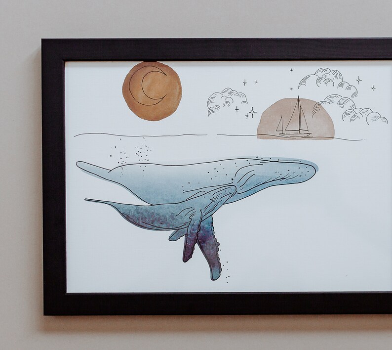 Mother & Baby Calf Whale in Night Ocean Hand Drawn Illustration with Watercolour Wash, Wall Art Print A4 image 2