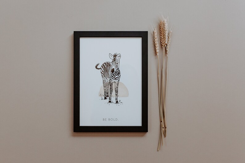 Zebra 'Be Bold' Hand Drawn Baby Animal Safari Illustration with Watercolour Wash, Wall Art Print A4 / A5 image 1