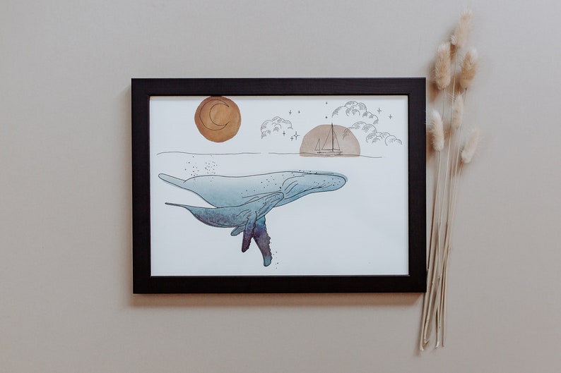 Mother & Baby Calf Whale in Night Ocean Hand Drawn Illustration with Watercolour Wash, Wall Art Print A4 image 1