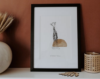 Giraffe 'Stand Tall' - Hand Drawn Baby Animal Safari Illustration with Watercolour Wash, Wall Art Print A4 / A5