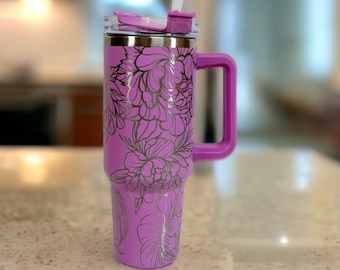 Flower Engraved Wrap Stanley-Style 40 Ounce Cup with Handle