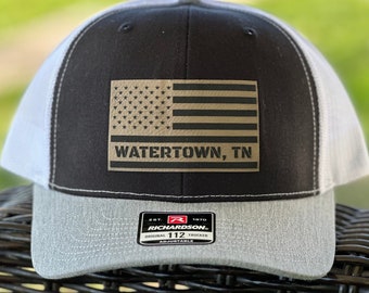 Custom Trucker Hat Richardson 112 Leather Patch with Home Town American Flag USA