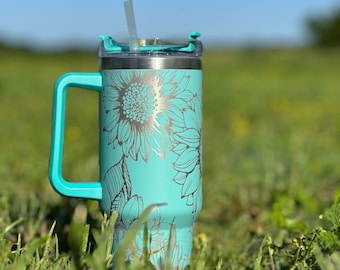 Sunflower Engraved Wrap Stanley-Style 40 Ounce Cup with Handle