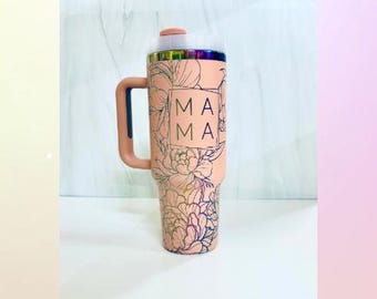 MAMA Flower Engraved Wrap Stanley-Style 40 Ounce Cup with Handle Peach Holographic Color