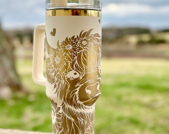 Highland Cow Engraved Wrap Stanley-Style 40 Ounce Cup with Handle Off White Gold Engraving
