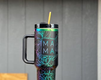 MAMA Flower Engraved Wrap Stanley-Style 40 Ounce Cup with Handle HOLOGRAPHIC