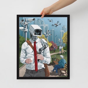 May include: A man with a camera for a head walks down a city street. He is wearing a white shirt, a red tie, and a brown leather bag. There are security cameras and drones in the background.
