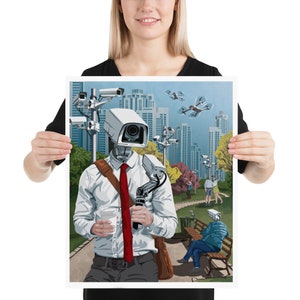 May include: A digital illustration of a person with a security camera for a head walking down a city street. The person is wearing a white shirt, red tie, and a brown leather satchel. There are other people in the background, as well as security cameras and drones.