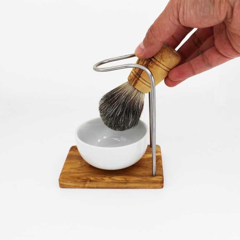 Shaving brush holder with porcelain bowl olive wood shaving Etsy