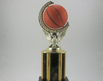 Basketball trophy with spinning ball. Free custom engraving.