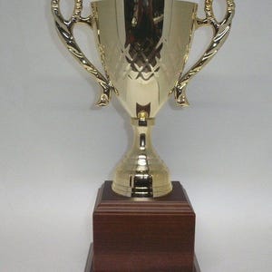 May include: A gold-colored trophy with a diamond pattern on the cup, featuring ornate handles. It is mounted on a dark brown wooden base. The trophy is designed for recognition and achievement.