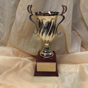 May include: A gold-colored trophy with a twisted design on the cup and two curved handles. The trophy sits on a dark brown wooden base with a gold-colored plate. The background is a light beige fabric.